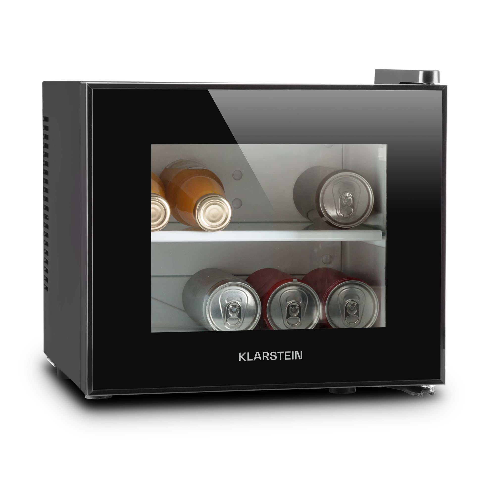 KLARSTEIN Frosty Compact Line - Frigo Compatto, Mini Frigo, Ultracompatto, 65 Watt, Porta in Doppio Vetro Isolato, 10 Litri, Classe A, Temperatura tra 12° e i 18° C, Illuminazione LED, Nero