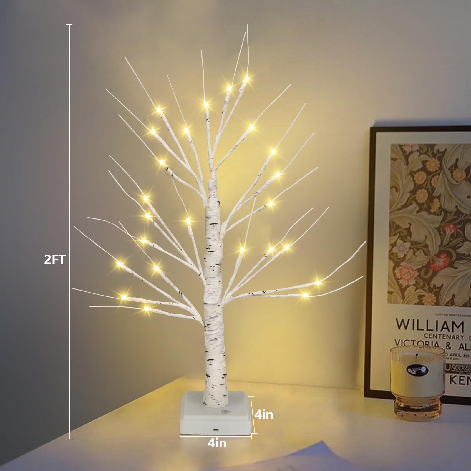 Yiliaw 2 Pack Birch Tree with LED Lights DIY Valentines Tree Fairy Light Spirit Tree Lamp with 24 Warm White Lights for Home Festivals Room Decor, USB or Battery Powered Lights, 6H/18H Timer