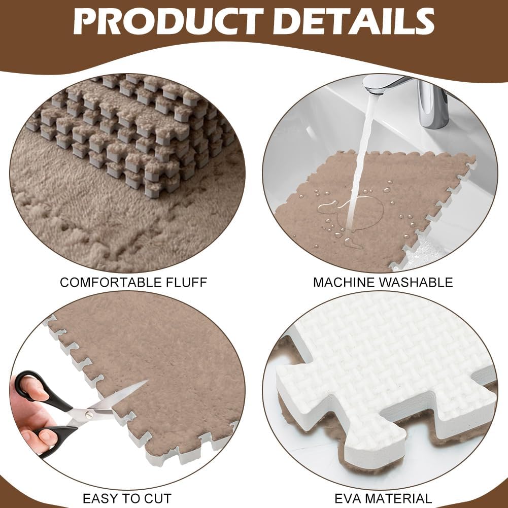 Interlocking Plush Foam Rug, 12 Pieces Carpet Tiles for Living Room, Bedroom, 30cm x 30cm x 1cm, Interlocking Foam Tiles for Living Room, Bedroom (Light Brown)