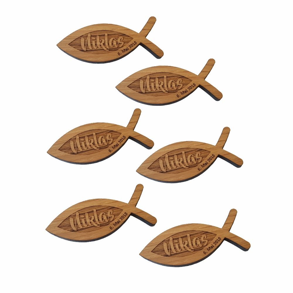 Holz Deko-Konfetti "Fisch" zur Konfirmation ☆Firmung ☆Kommunion ☆personalisiert mit Namen & Datum ☆Gastgeschenke ☆Deko