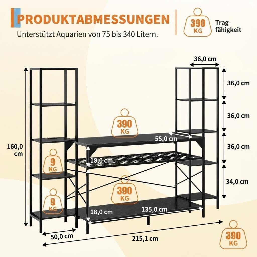 Garvee Aquarium & Terrarium Regal für Wohnzimmer – 4-stufiges Stahlgestell, 12 Füße, bis 860kg Tragkraft, integrierte Steckdose, viel Stauraum – Für 20-90 Gallonen – Farbe: Schwarz Holzoptik