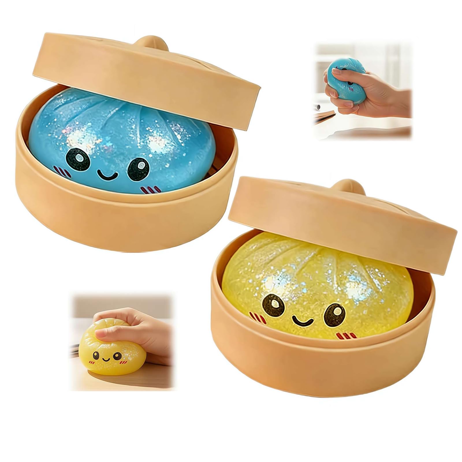 2Pcs Glitter Dumpling Squishies, Glitter Dumpling Squish-y Box, Sparkling Maltose Stress Ball for Anxiety Relief | Soft Fidget Sensory Toy for Kids & Adults, Mystery Shimmering Bun