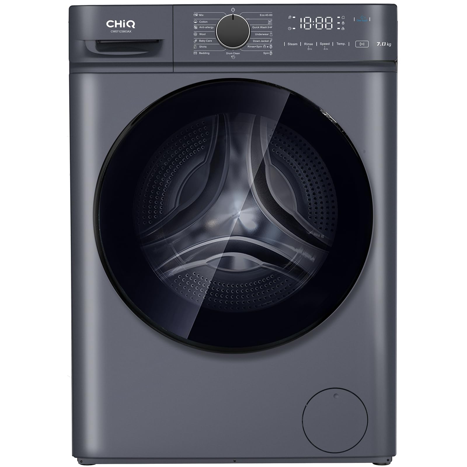 CHiQ CW07123863AX Lavatrice Slim- 7KG, Classe A, Motore BLDC 1200 RPM, Vapore e Lavaggio rapido, 15 Programmi, Design compatto (60x46,5x85cm) - Grigio moderno