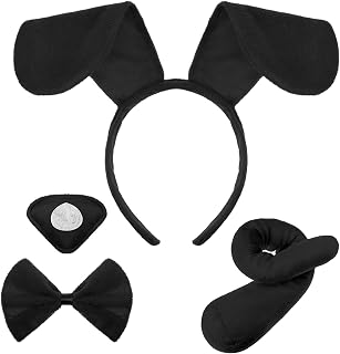 Syhood Puppy Dog Costume Set Ears Headband Bowtie Fake Nose Tail Animal Dog Costume Accessories for Carnival World Book Day Animal Cosplay Party for Halloween(Black)