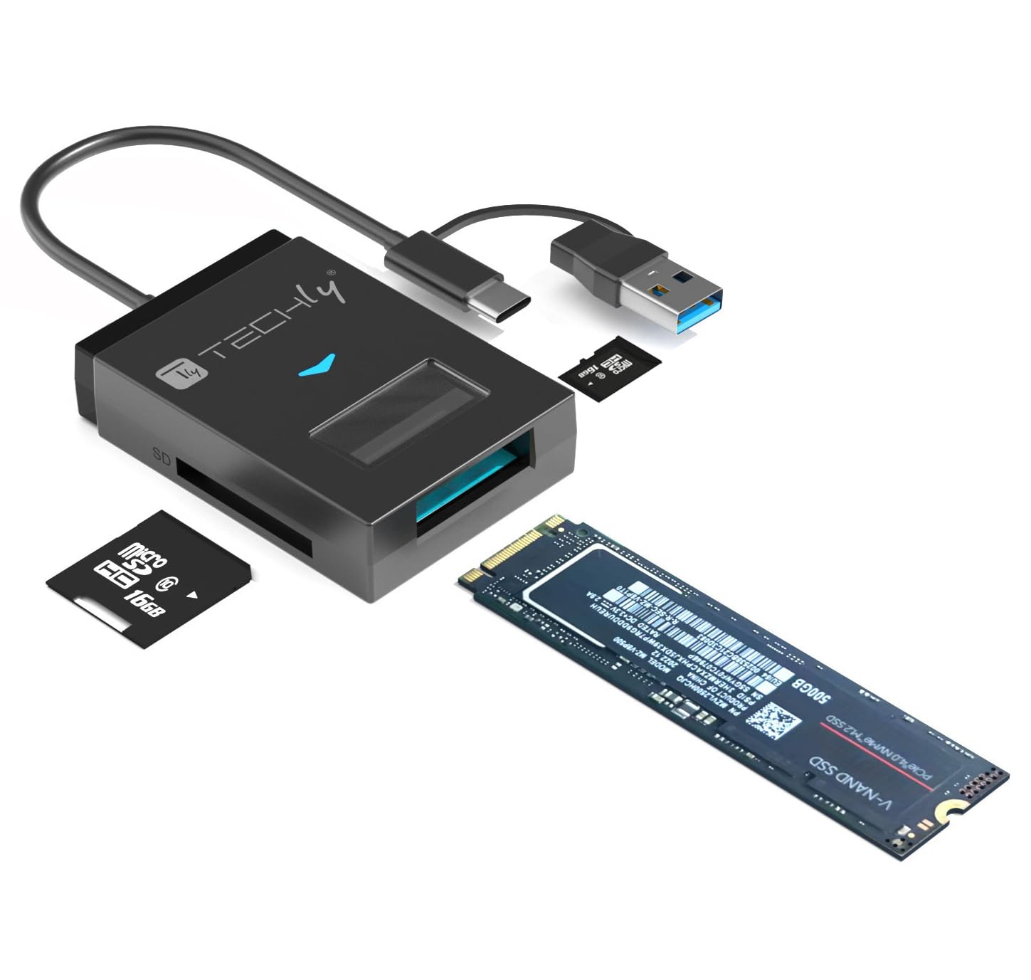 Techly 622298 Adaptador USB-A/USB-C a NVME/SATA M.2 con lector de memoria SD/TF negro