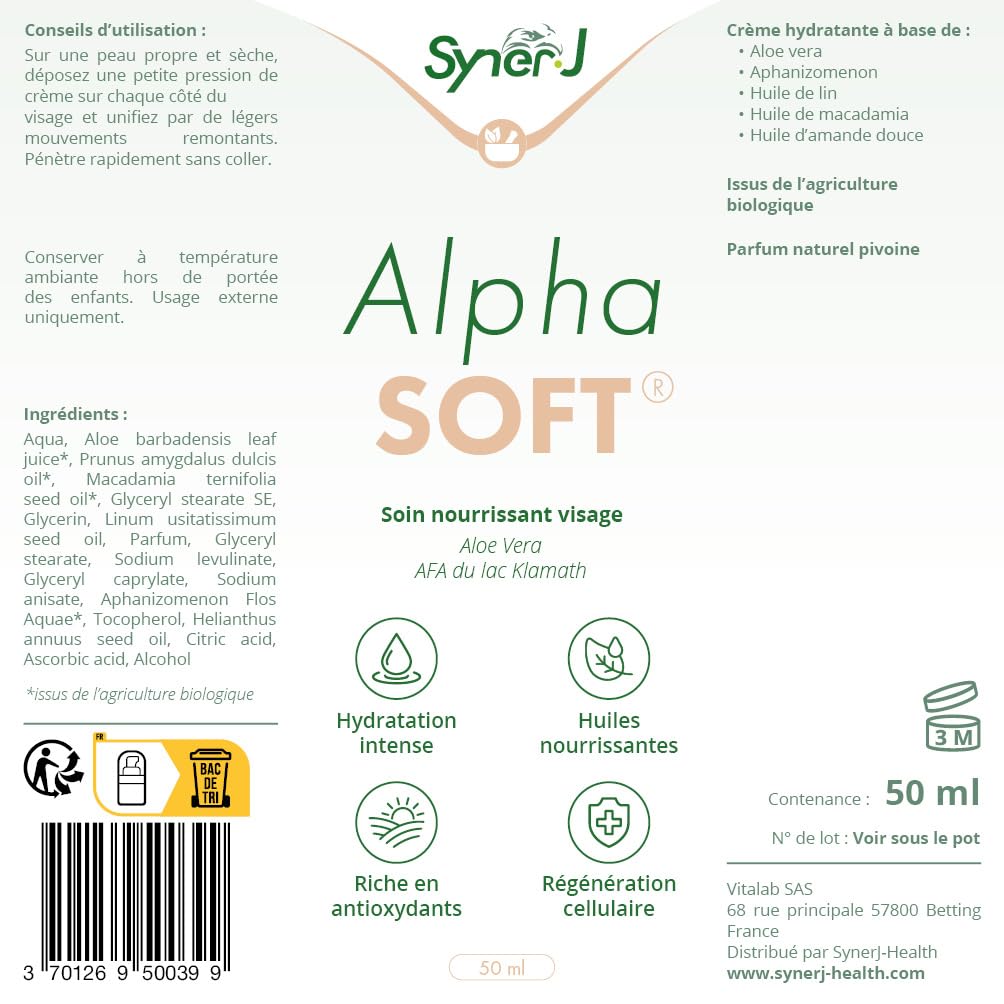 AlphaSOFT | Crema viso nutriente | Idratazione intensa e anti-età naturale | Aloe vera, oli biologici (avocado, macadamia, mandorle dolci) | Pelle secca e sensibile – SynerJHealth (50 ml)