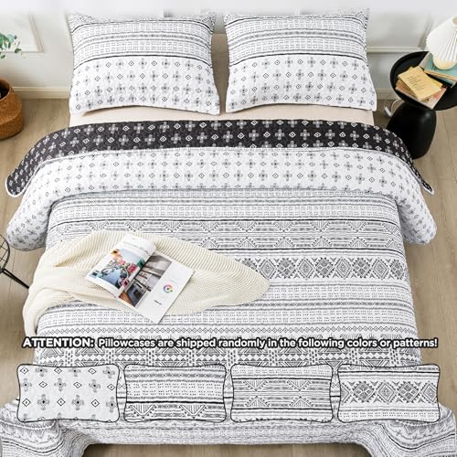 Image of Andency Black White King Size Quilt Set, 3 Pieces Boho Lightweight Soft Striped Bedspread for All Season (106 inchx96 inch), Printed Bohemian Polyester Reversible Coverlet Comforter Sets