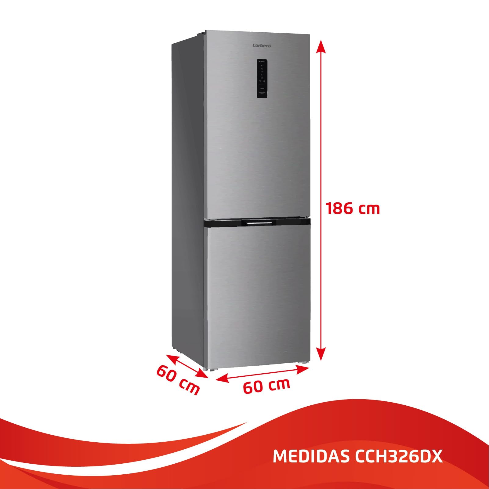 Corberó - Frigorífico Combi | CCH326DX | 293 L | 186 cm | No Frost | Motor Inverter | Display en Puerta y Función Súper Enfriamiento | Silencioso 39db | Inox