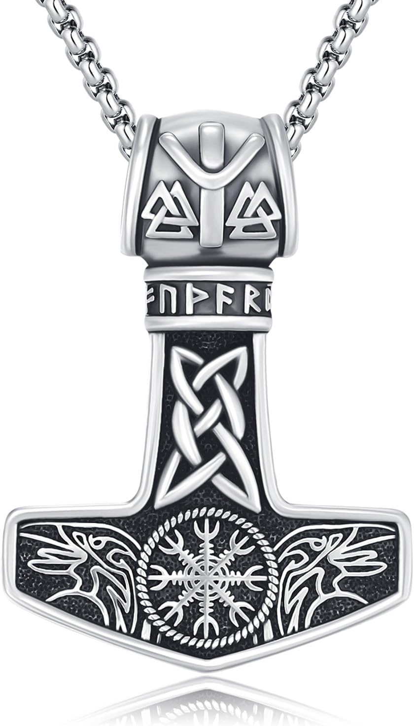 Thor Hammer Necklace 925 Sterling Silver Viking Mjolnir Hammer Talisman Pendant Norse Runes Amulet Jewelry Nordic Thors Hammer Jewelry Gifts for Men Women with 22’’+2’’Rolo Chain