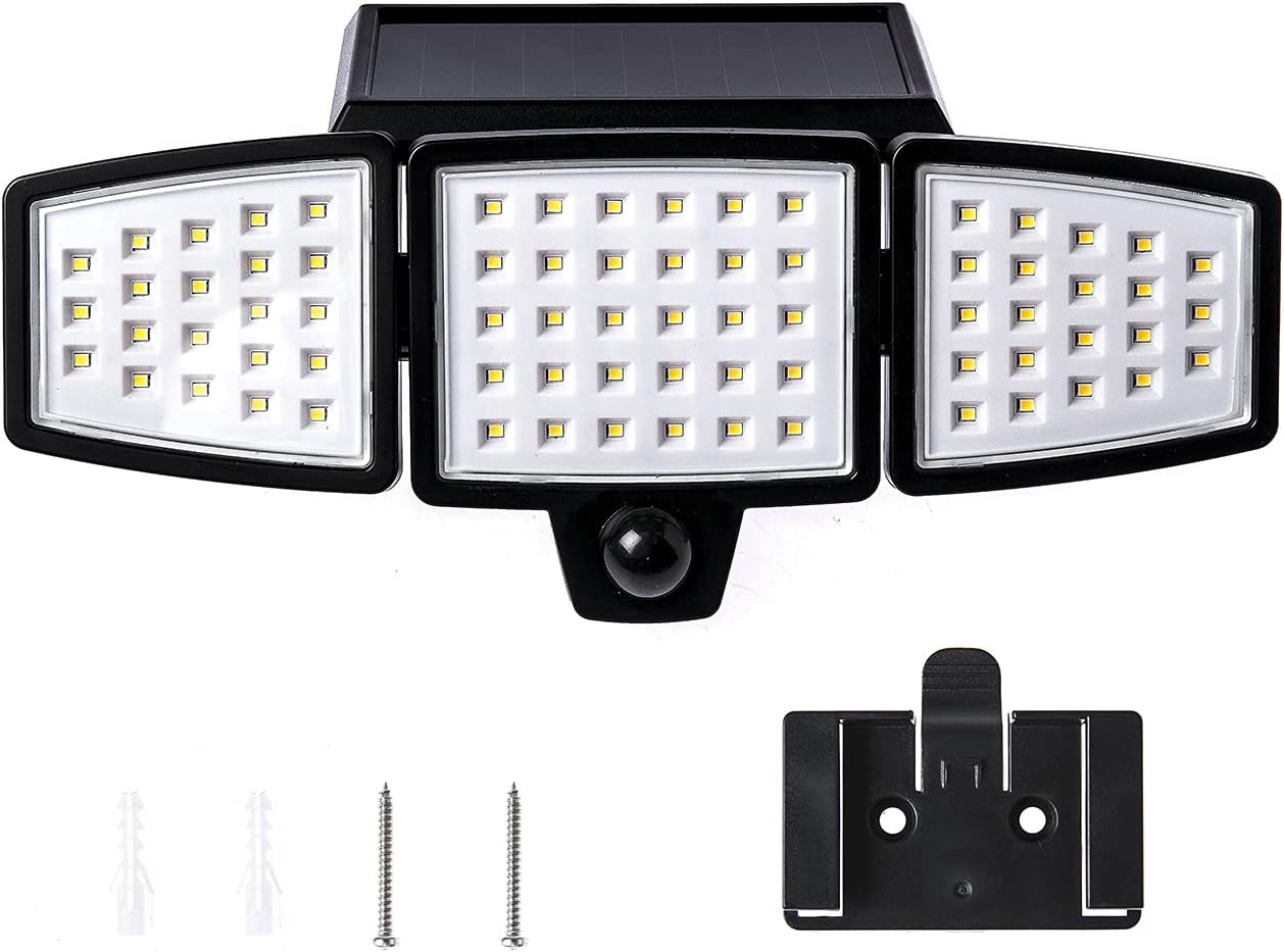Home Zone Security 2 Packs Solar Flood Lights Outdoor Motion Sensor 120 Degrees Wide Angle, Waterproof Powered for Garden Yard Pathway, 3500K Warm White 1000 Lumens, Adjustable Triple Head No Wiring