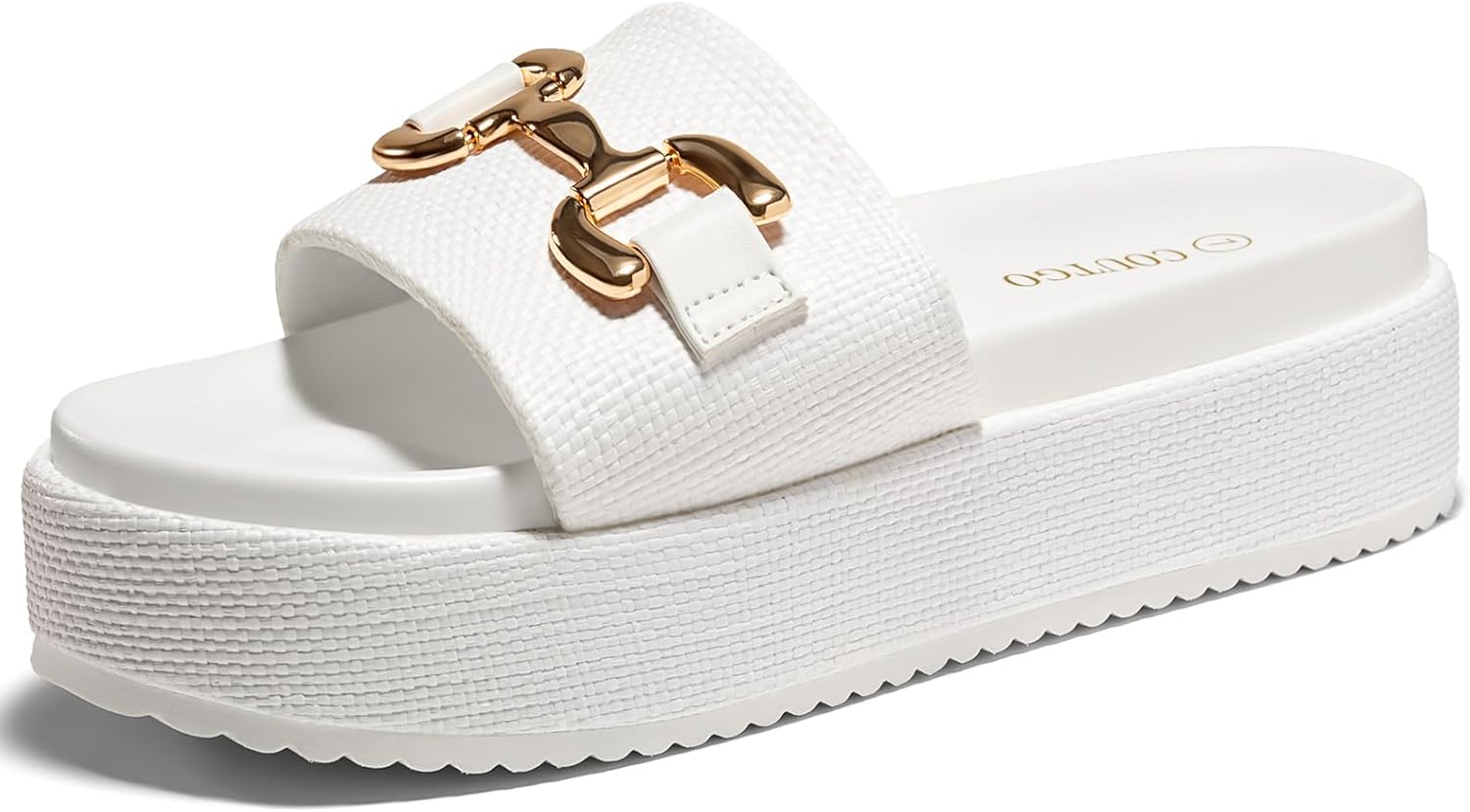 Coutgo Womens Platform Sandals Raffia Espadrilles Metal Chain Slip on Open Toe Cute Beach Slide Sandals, White, Size 9
