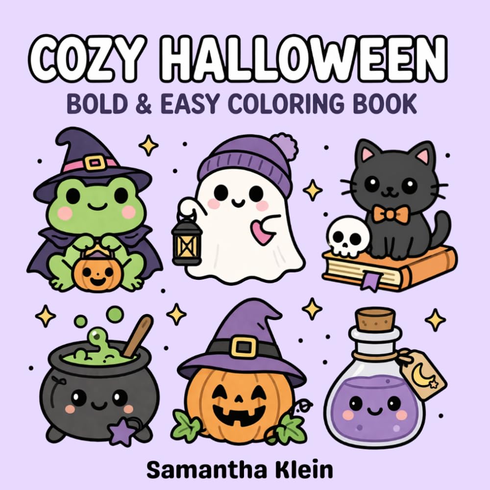 Cozy Halloween: Hygge-Inspired Cute Bold & Easy Coloring Book for Kids and Adults (Halloween Coloring Books)