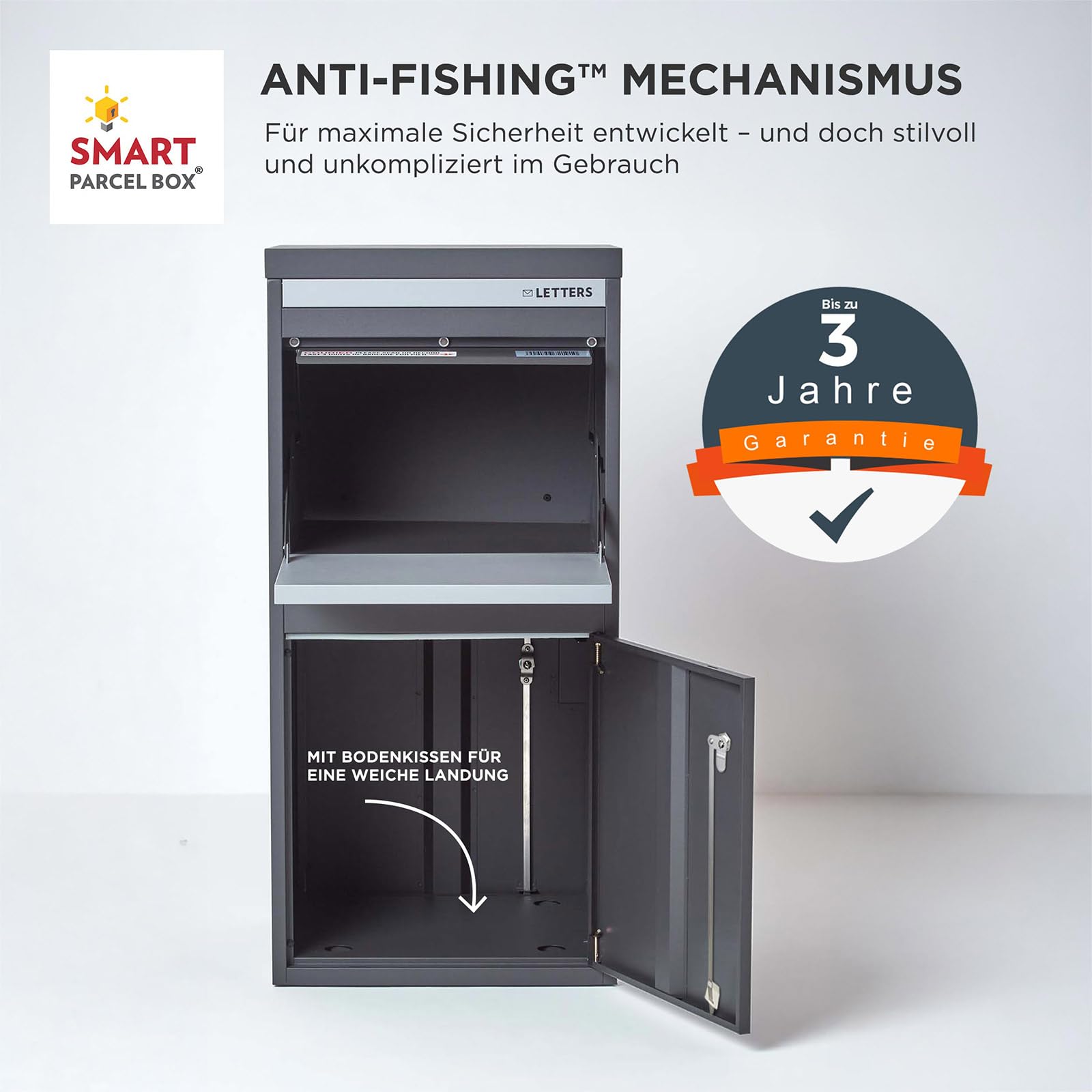 Smart Parcel Box Paketbox XXL - Paketbriefkasten wetterfest, grau | Briefkasten mit Paketfach draußen groß, Entnahme hinten & vorne, rostfrei, verzinkter Stahl, pulverbeschichtet