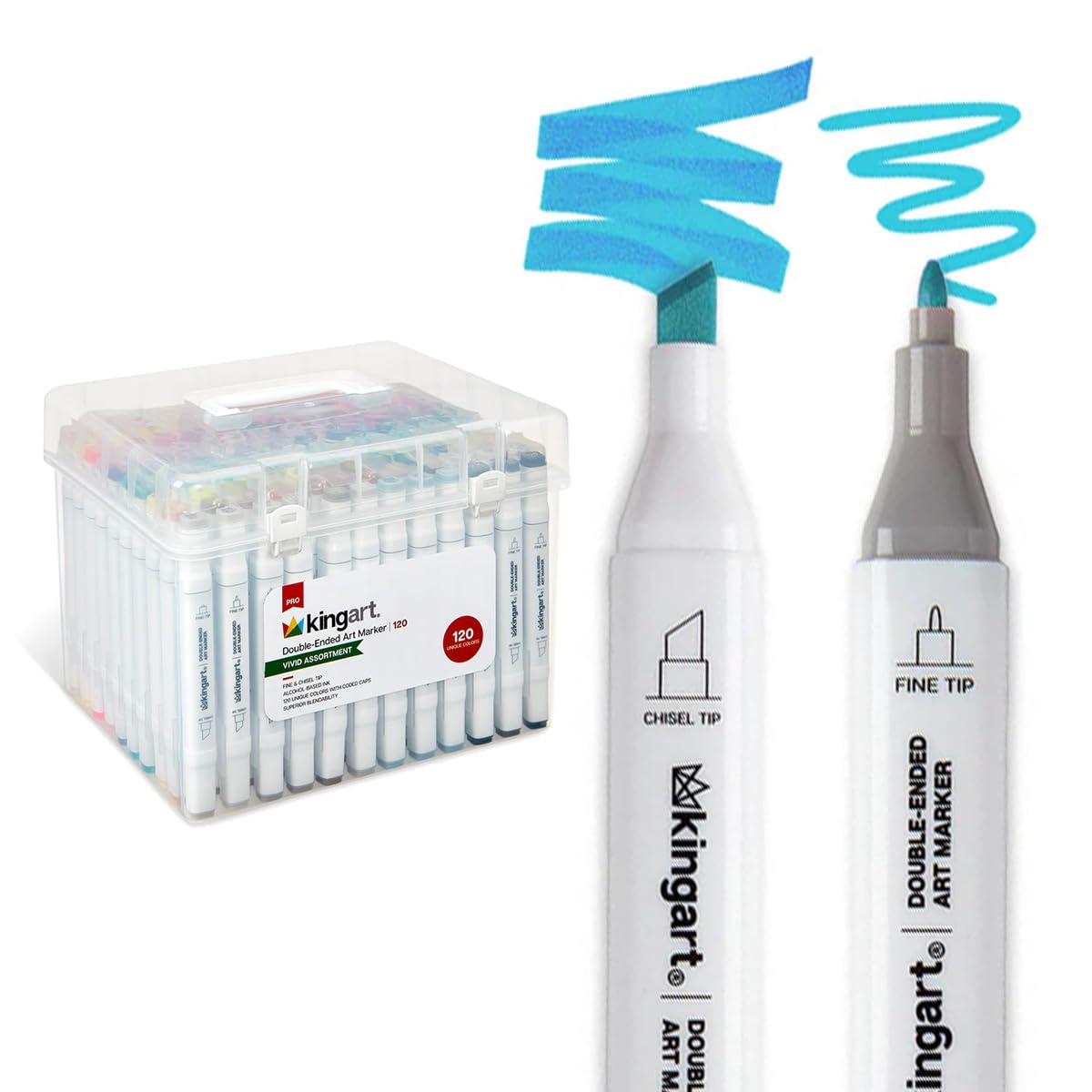 KINGART PRO Double-Ended Alcohol Ink Art Markers 120 COLORS Fine Point Chisel Tips Permanent with Superior Blendability Includes