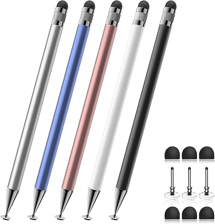 Bopomofo Stylus (5 Pcs), 2-in-1 Stylus Pen for Touch Screen, High Precision and Sensitivity, Suitable for iPhone/ipad/Android Tablets, Compatible with Touch Screens (Black/White/Blue/Rose Gold/Silver)