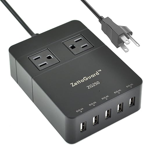 Miniatura 12 de ZG250 Zapatilla pequeña, con dos salidas, para viajes, protector de sobrecarga, con puerto de carga USB, y cable de 5 pies, color negro. Blanco