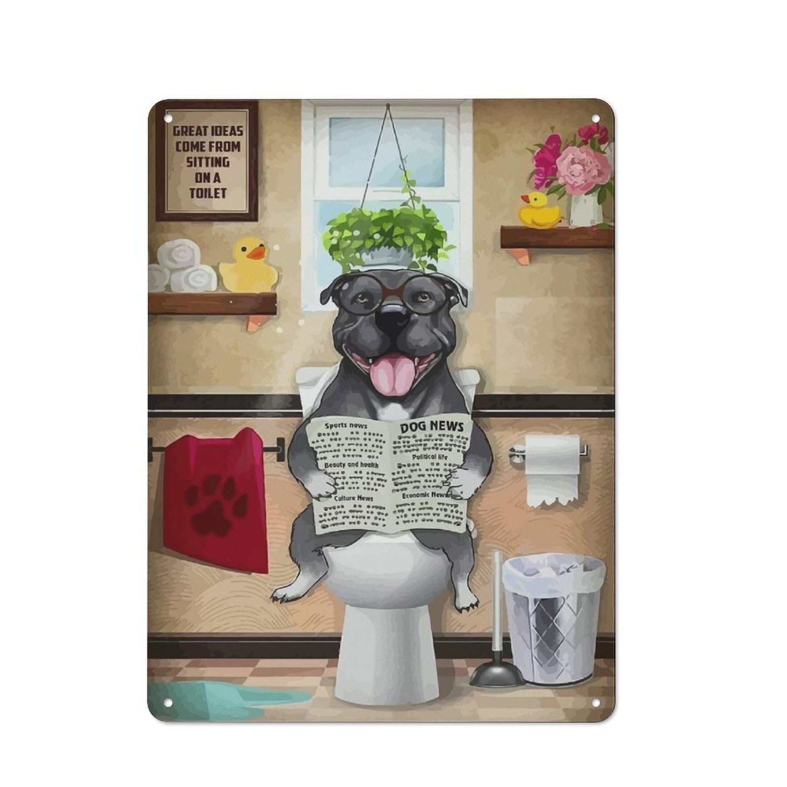 Nostalgic Decorative Tin Sign 40x30cm Featuring Pitbull Dog Funny WC, Old Style Wall Plaque for Kitchen, Hallway, Bar Or Small Cafe
