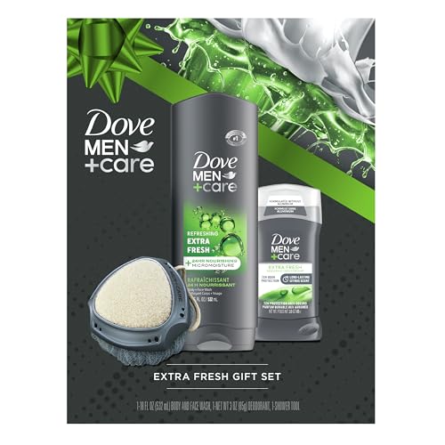 Dove Men+ Care Gift Set Dove Face + Body Wash Dove Antiperspirant Refreshing Extra Fresh Scent Dove Active Clean Dual-Sided Shower Tool Christmas Gifts for Men (3 Piece Set)