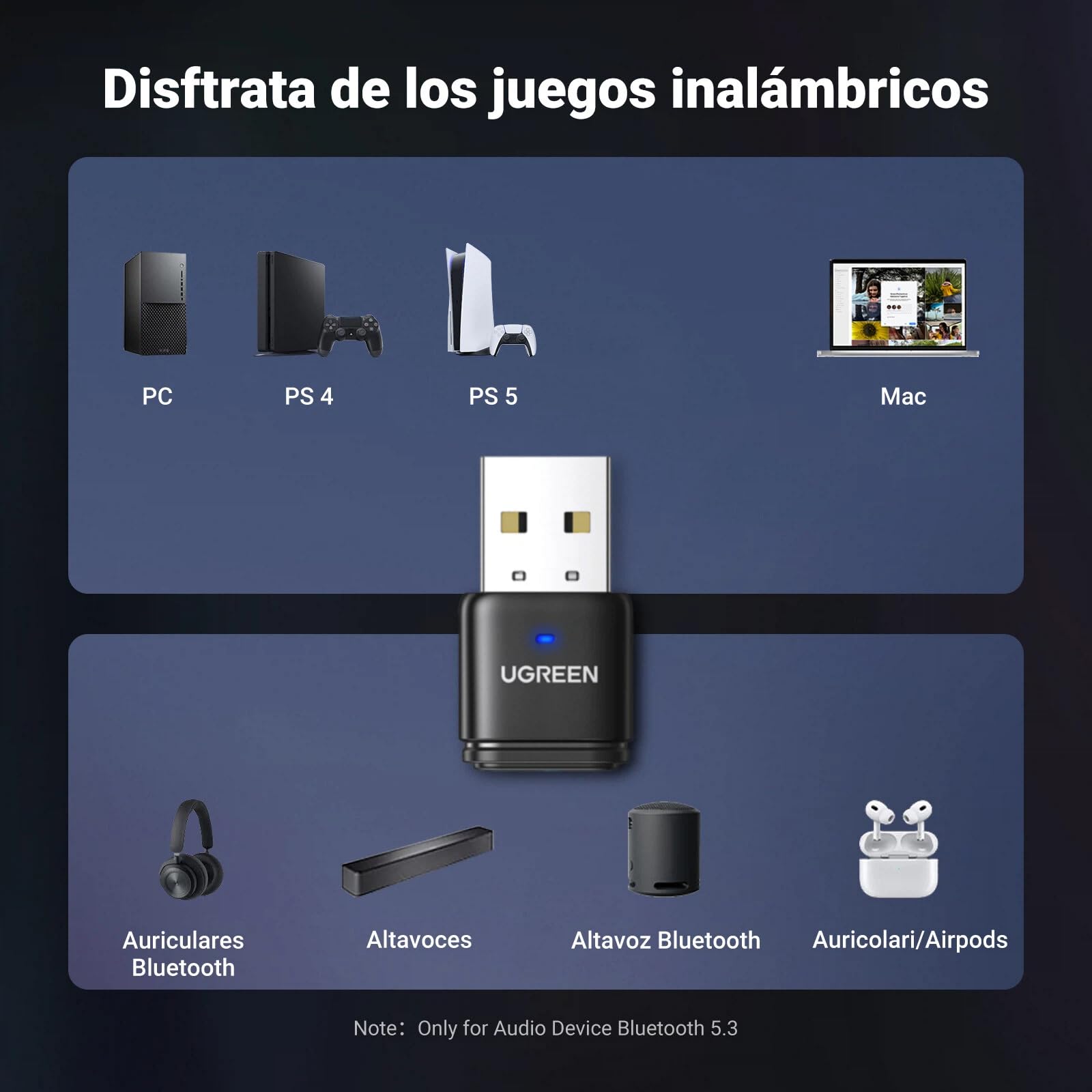UGREEN Aptx Audio Dongle Bluetooth 5.3 Llave Adaptador USB Compatible con Consola PS5 PS4 Switch PC Soporta Auriculares de Juego Altavoz Micro Separado Incluido