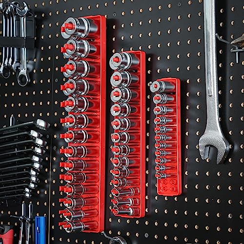 Oemtools 22413 6 Piece Sae And Metric Socket Tray Set, Sae And Metric Socket Storage For Sizes 1/4", 3/8”, And 1/2" Drive, Socket Holders And Socket Organizer Tray For Toolbox, Red And Gray #TOP7