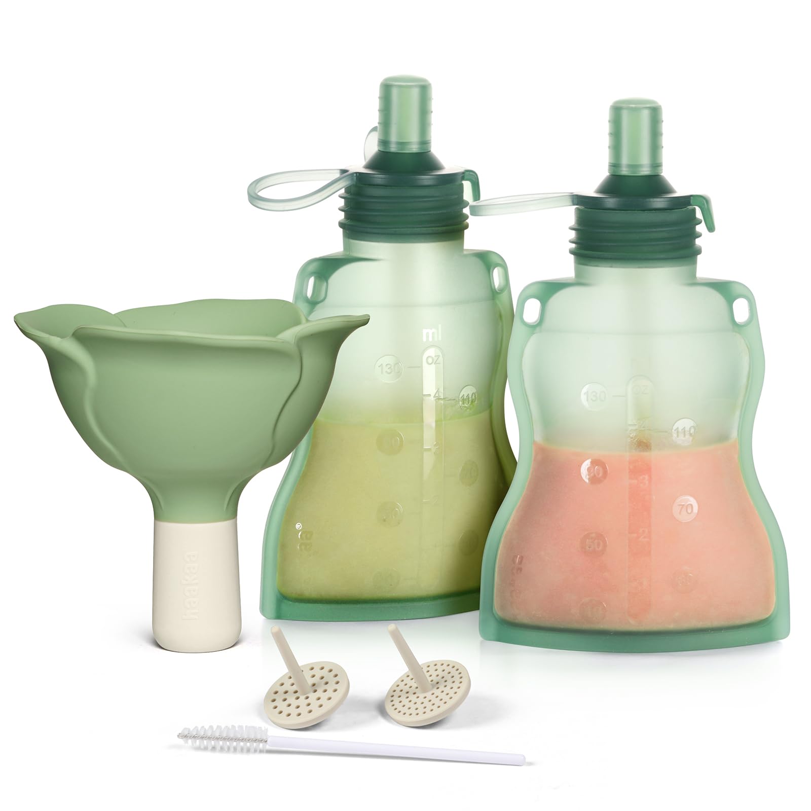 haakaa Fill & Go Yummy Pouch ๏ผ Flower Funnel Combo - Pea Green Pouch (2pcs) + Spring Green Funnel