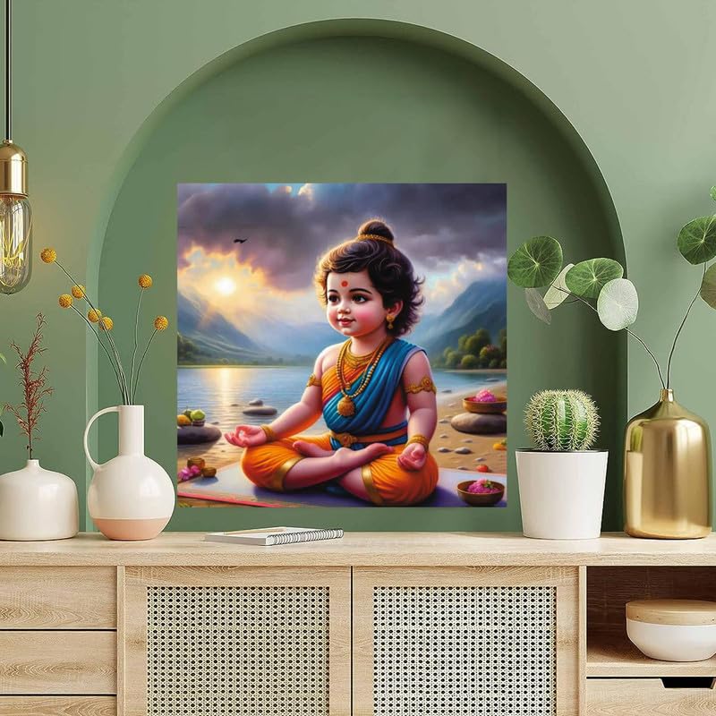Image of British Terminal Cute little Bal Gopal Baby God Krishna| Kanha Ji | Laddu Lord Makhan Chor Painting Religious Poster for Pregnant Women for wall (matt thin vinyl,sticker,multicolor,unframed)| bj396