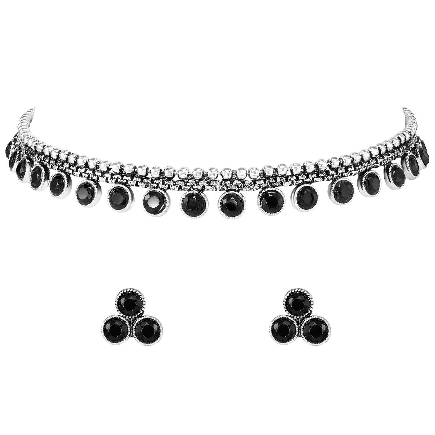 Peora Silver Plated Black Synthetic Stone Studded Choker Necklace Stud Earrings Ethnic Jewellery Set for Women Girls (B0D1FMPTBL) Amazon Price History, Amazon Price Tracker