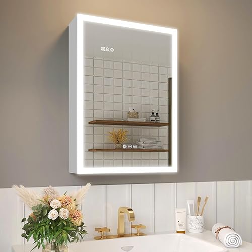 Botiquín con luces, 36 x 30 pulgadas con espejo, armario de espejo de baño de 2 puertas con 2 salidas y puertos USB, desempañador, atenuador, reloj