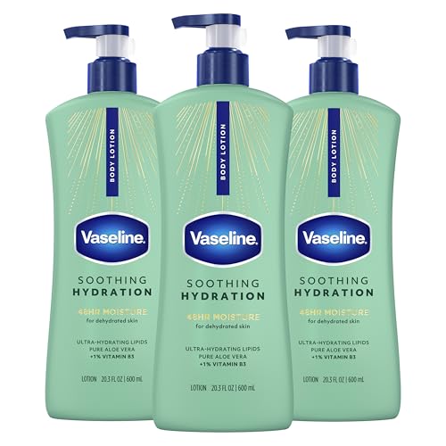 Vaseline Intensive Care Body Lotion for Dry Skin Soothing Hydration Lotion Made with Ultra-Hydrating Lipids + 1% Aloe Vera Extract to Refresh Dehydrated Skin 20.3 oz, Pack of 3 (packaging May Vary)