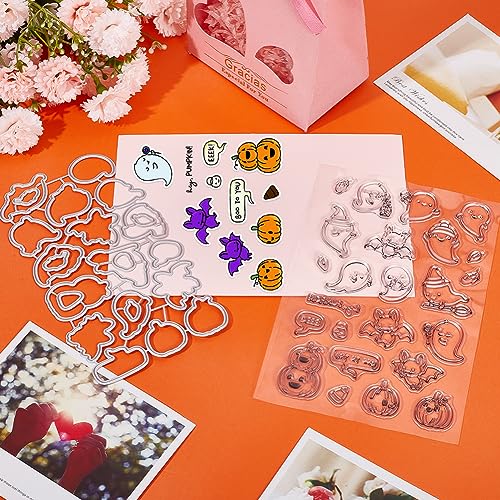 CRASPIRE Halloween Theme Clear Rubber Stamp and Metal Cutting Die Set Ghost Pumpkin Bat Transparent Silicone Stamps Carbon Steel Cuts Stencil for Card Making Journaling DIY Scrapbooking Handmade Photo - Image 4