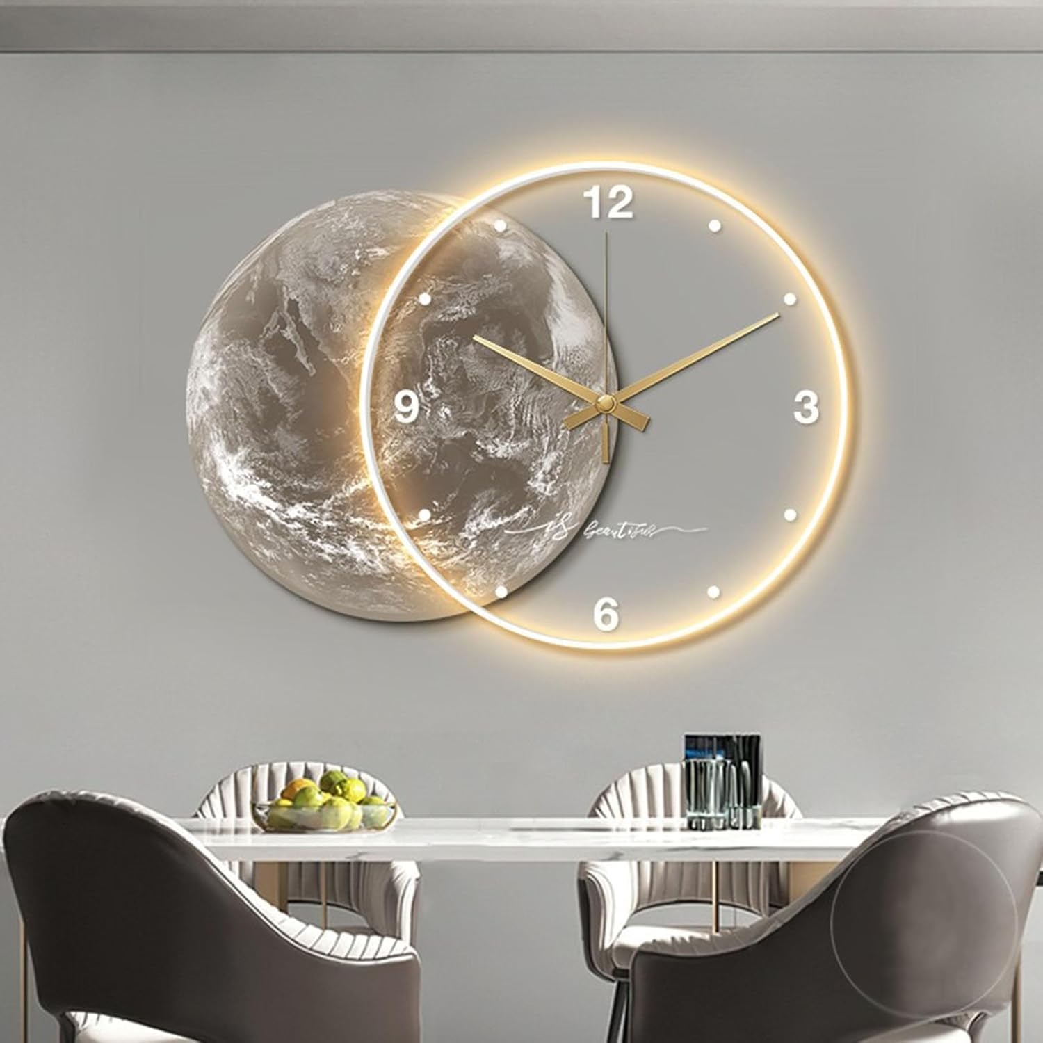 HYJAUSXB 3D Moon Wall Lamp with Minimalist Clock, Modern Art Deco Lighting for Oriental Style Interior Decoration