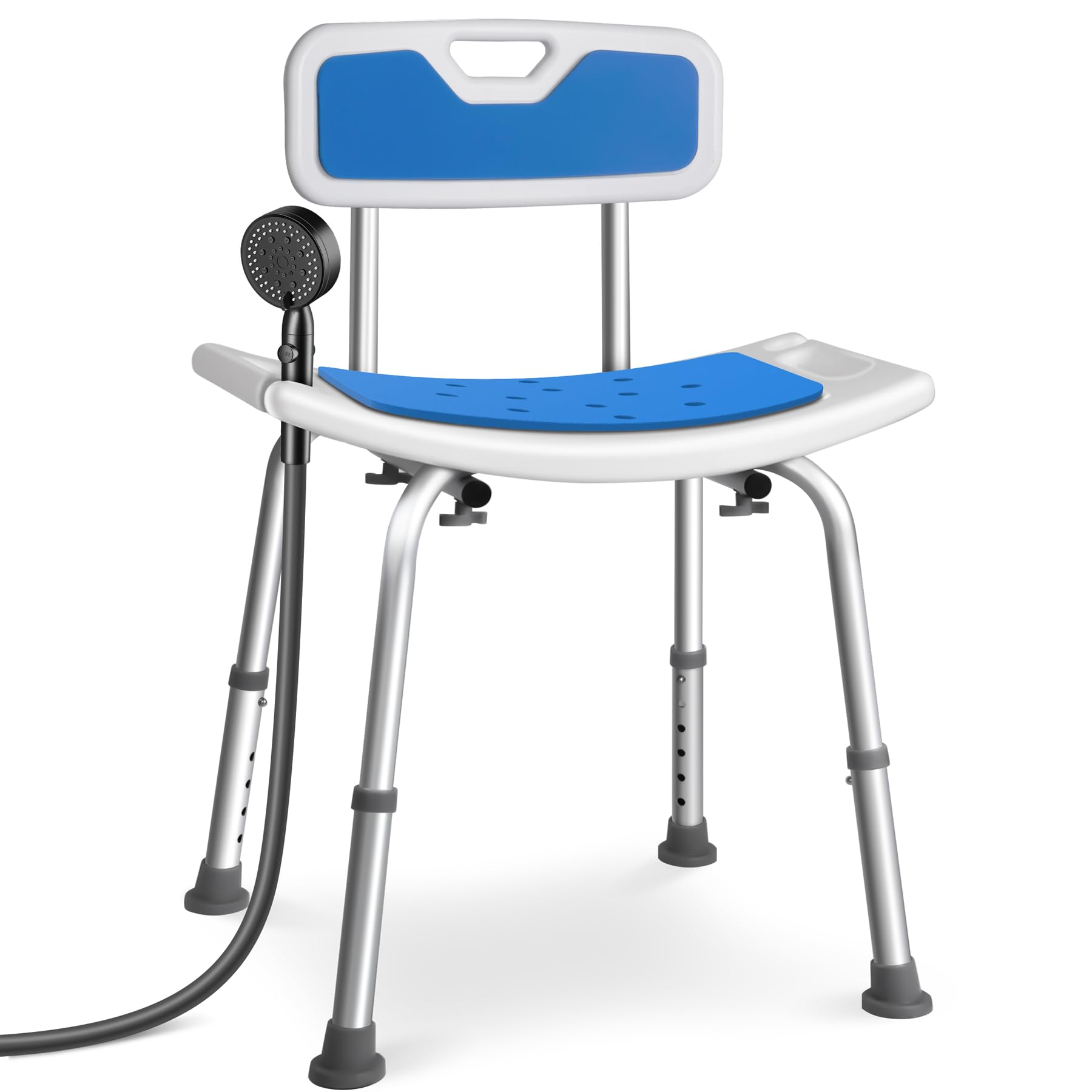 VOUNOT® Adjustable Shower Stool with Backrest, Ergonomic Bath Seat with Non-Slip Feet Lightweight Aluminium Shower Chair for Elderly, Disabled, Max Load 136 kg, Blue