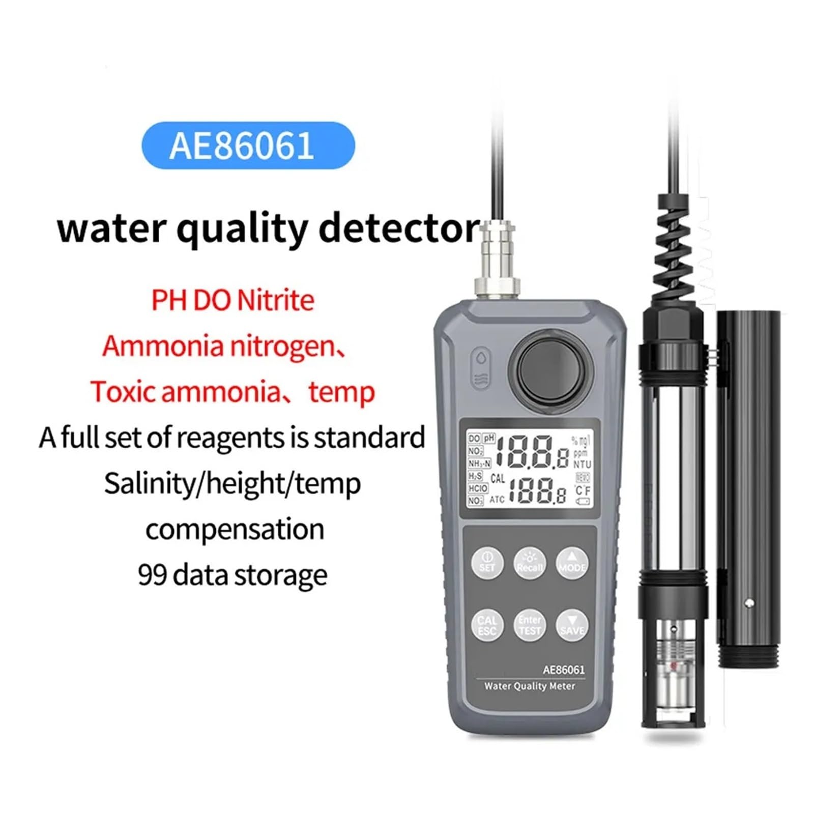 Medidor de Probador de Calidad del Agua portátil AE86061 Analizador de medida de PH de temperatura O2 disuelto con pantalla LCD Alta sensibilidad