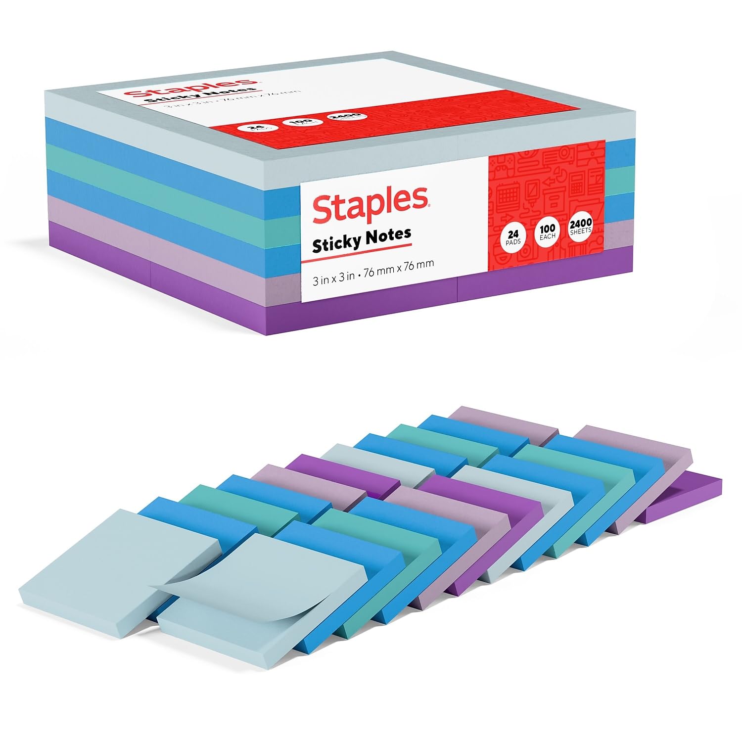 Staples Sticky Notes, 3" x 3", Watercolor Colors, 2400 Sheets – Decorative Self‑Stick Notes for Messages, Planning & Journaling