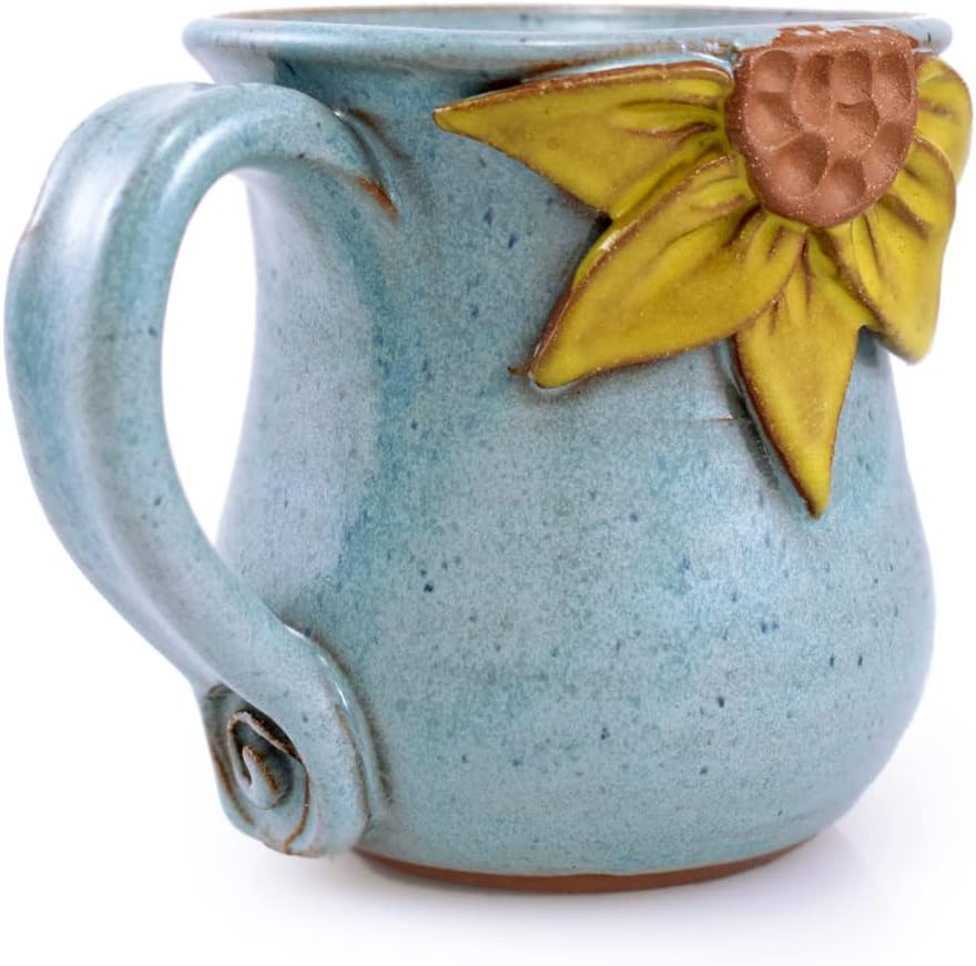 Sculpted Sunflower Mug - American Made Stoneware Pottery, 16-oz