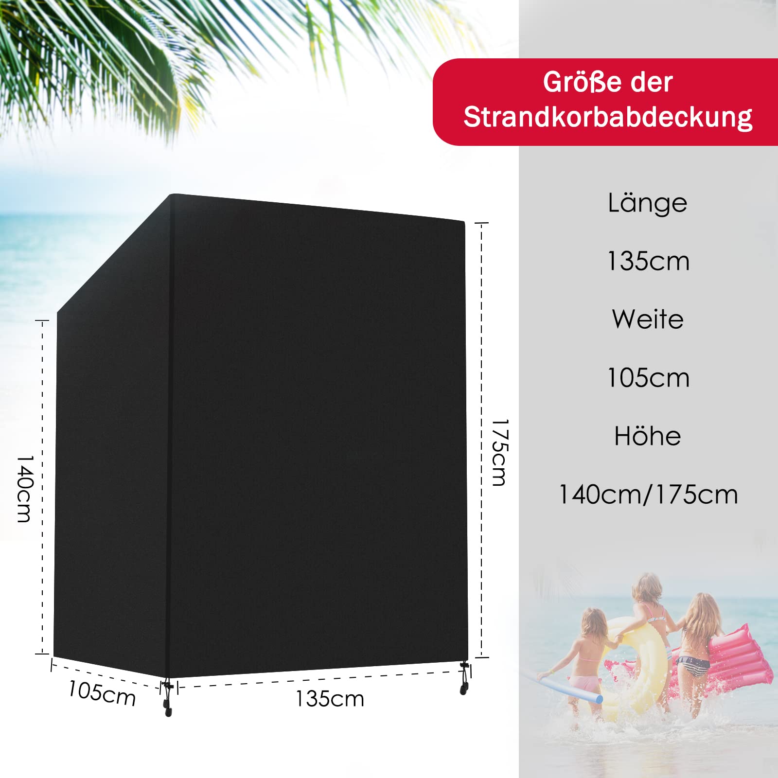 Finew Strandkorb Schutzhülle Winterfest aus 420D Oxford Stoff, 135x105x175/140cm Strandkorbhülle Winddicht, UV Beständig, Reißfest, Abdeckung Strandkorb Wasserdicht（Schwarz）