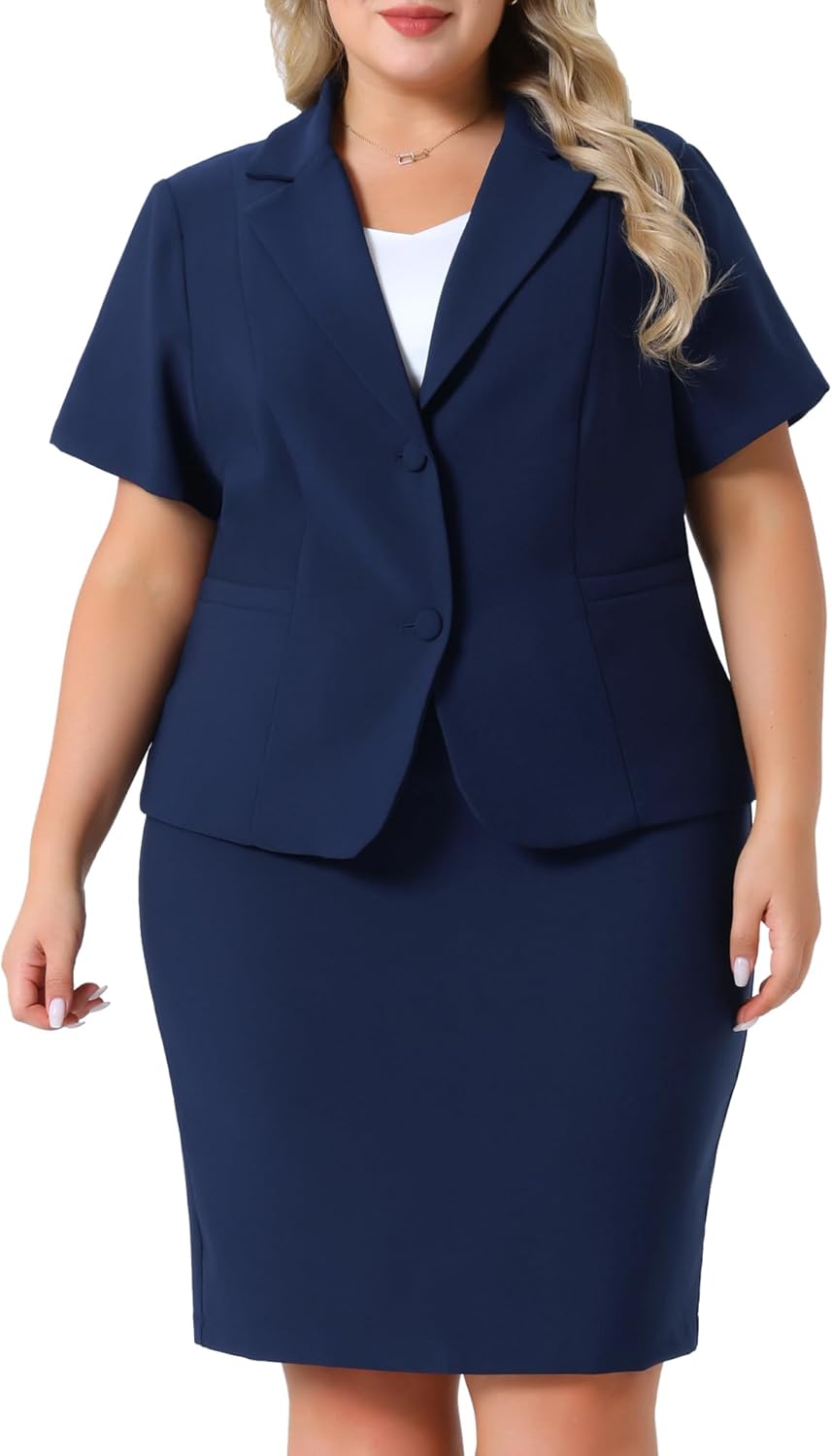 Agnes Orinda Plus Size Women Blazer Suits Notch Lapel Short Sleeve Office Pencil Skirt Business Skirt Set