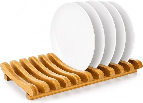 Frcctre Bamboo Dish Drying Rack, 16 Inch Large 10 Slots Bamboo Cabinet Plate Stand Dish Drainer Plate Rack Pot Lid Holder Kitchen Dish Plate Storage Organizer for Countertop Cabinet