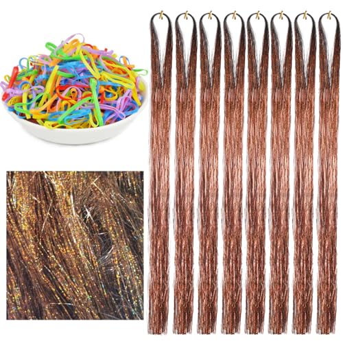 Hair Tinsel Extensions Brown Colorful Glitter Tinsel Hair Kit Heat Resistant 42 Inch Sparkling Fairy Hair Accessories for Women Kids Girls 8 Pcs 200 Strands/Pcs