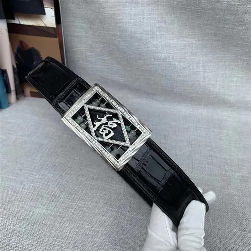 Authentic Crocodile Belly Skin Chinese Letters Buckle Men Waist Strap Genuine Alligator Leather Fancy Jadeite Male Belts (Black Silver, 105CM)