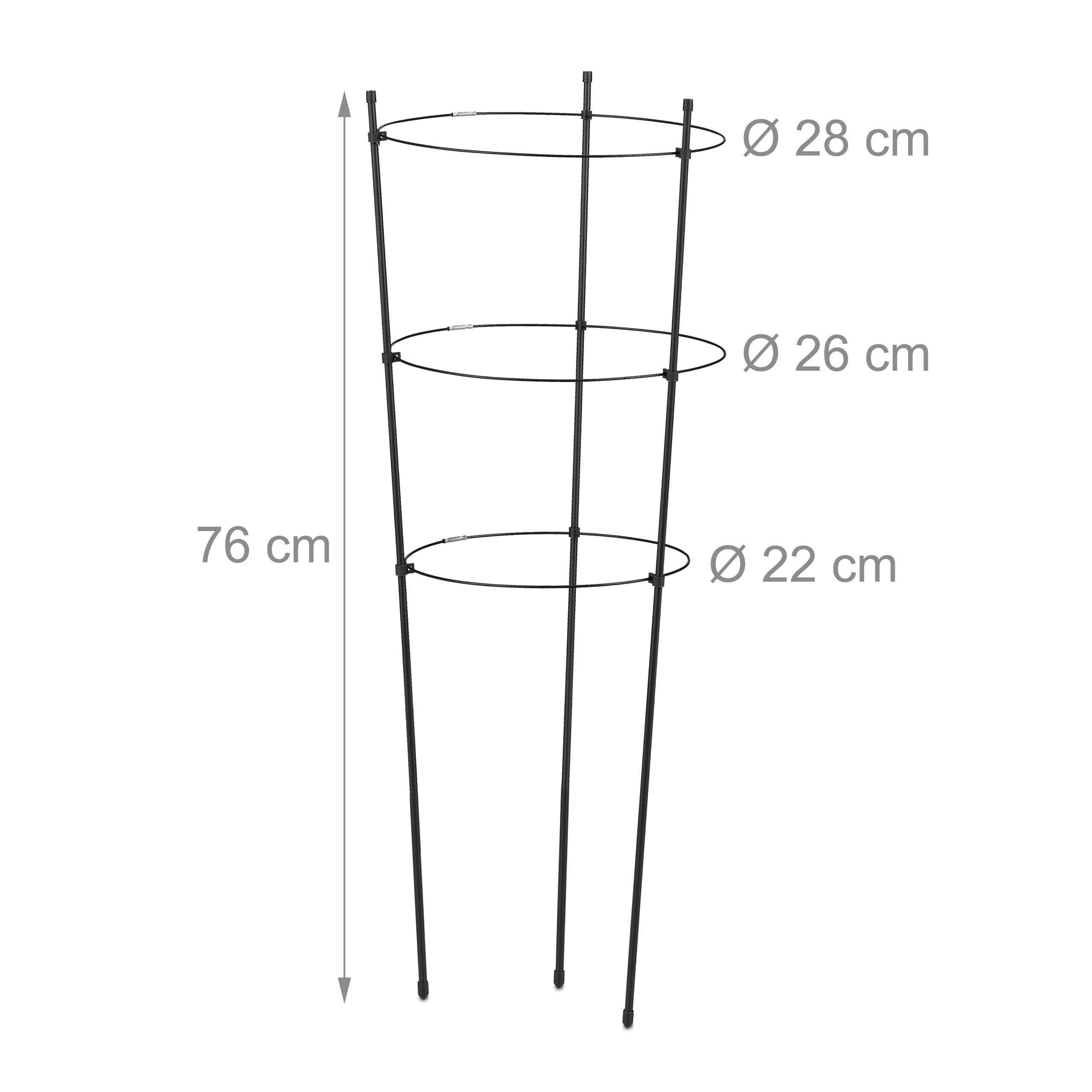 Relaxdays Zestaw 6 podpórek do roślin pnących, metal i tworzywo sztuczne, wysokość 76 cm, 3 regulowane pierścienie, podpórka dla roślin pnących, czarna