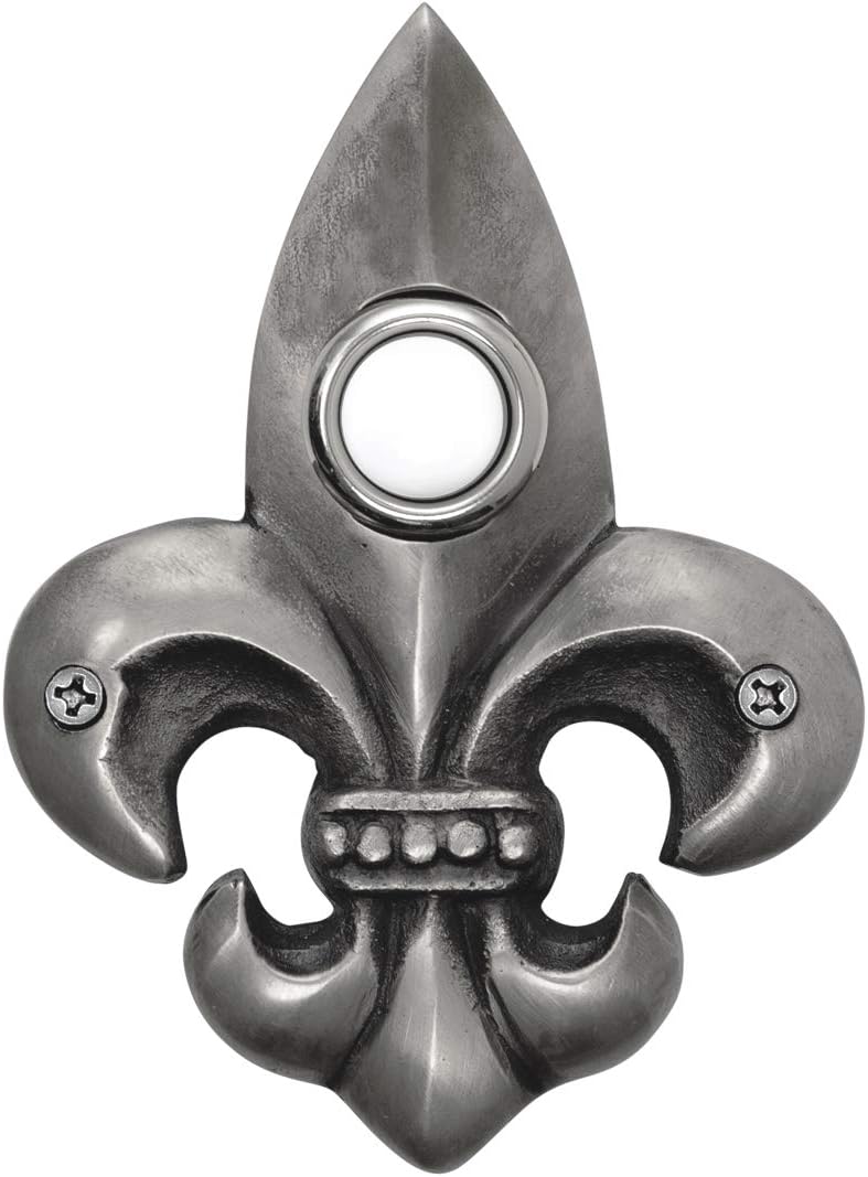 Waterwood Solid Brass Small Fleur De Lis Doorbell in Pewter - Wired & Illuminated Push Button from Environmentally Friendly Recycled Material