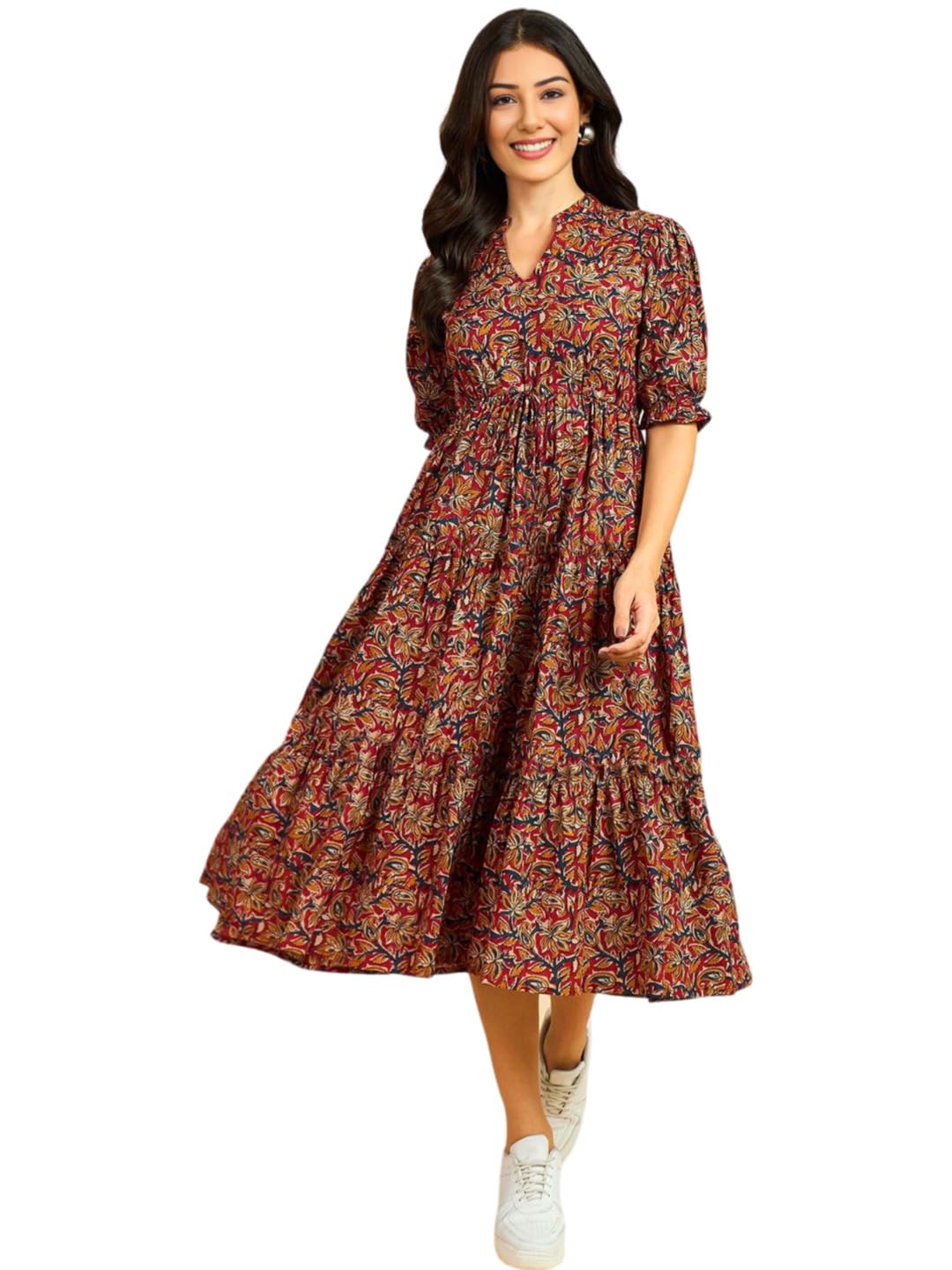 Women's Fit and Flare Pure Cotton Long Maxi Dress (SP-24 Maroon)