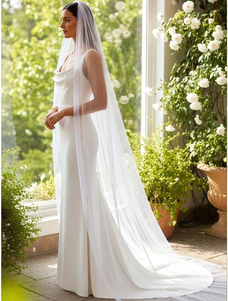 HEREAD Bride Wedding Veil Long Cathedral Chapel Length White Bridal Tulle Veils with Comb and Ribbon Edge for Women
