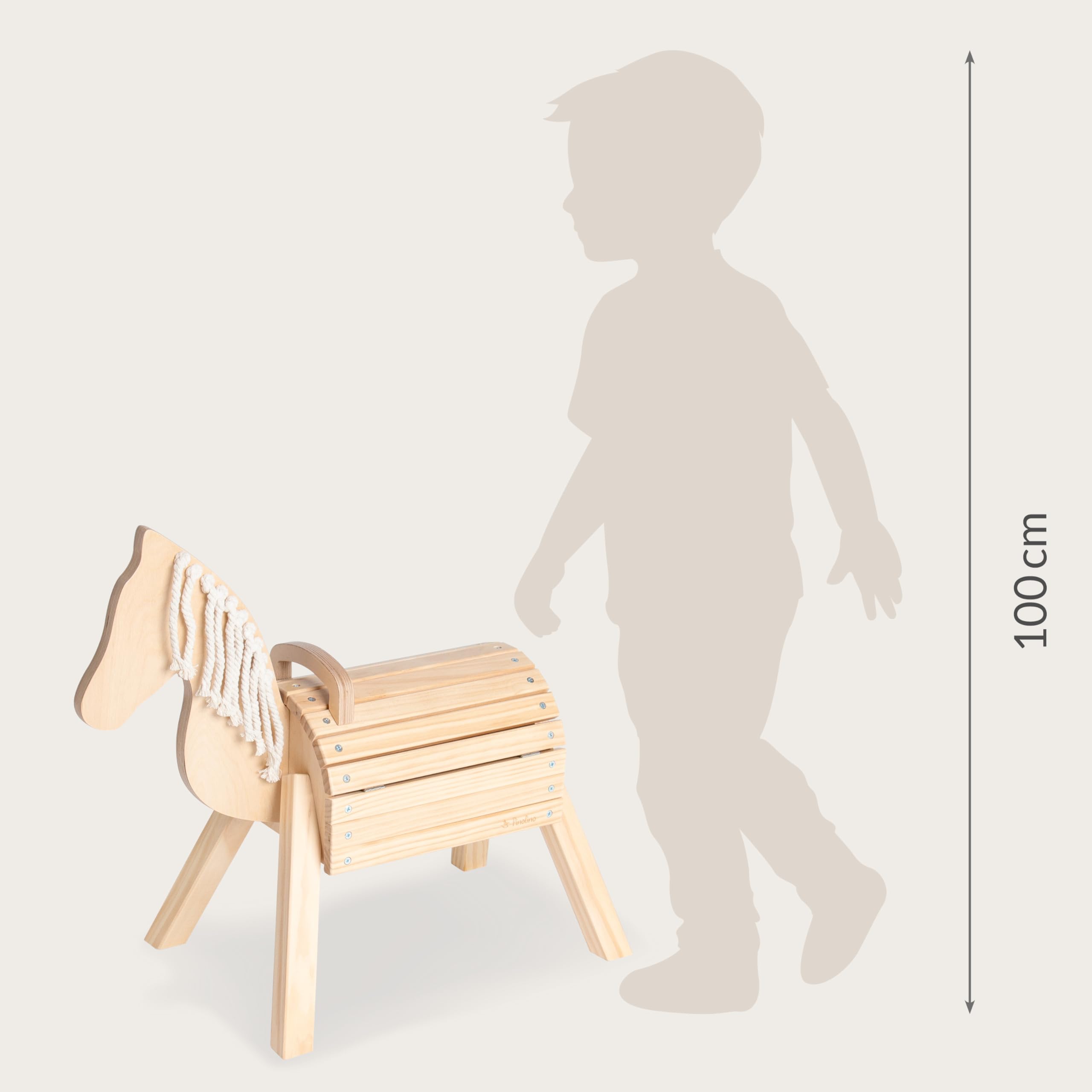 PINOLINO Holzpferd Nelli, Spielpferd aus Birke & Fichte, klar lackiert, Reitpferd mit Stauraum, Holzpony mit Mähne aus Baumwolle, 70x33x55 cm, fürs Kinderzimmer, bis 40 kg, für Kinder ab 2 Jahren,