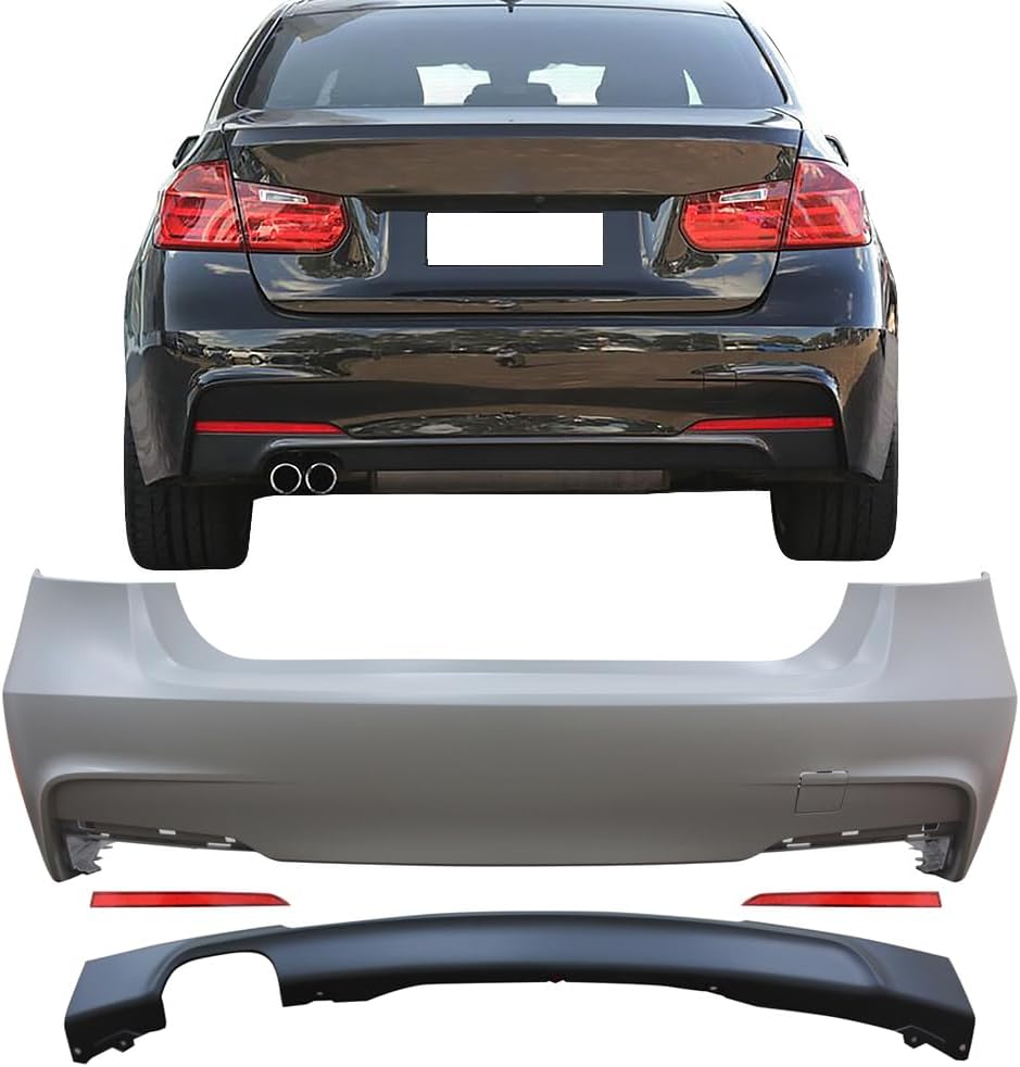 Rear Bumper Cover Compatible With 2012-2018 BMW F30, 328i 3 Series M-Tech Rear Bumper Conversion Diffuser Twin Muffler Single Outlet by IKON MOTORSPORTS, 2013 2014 2015 2016