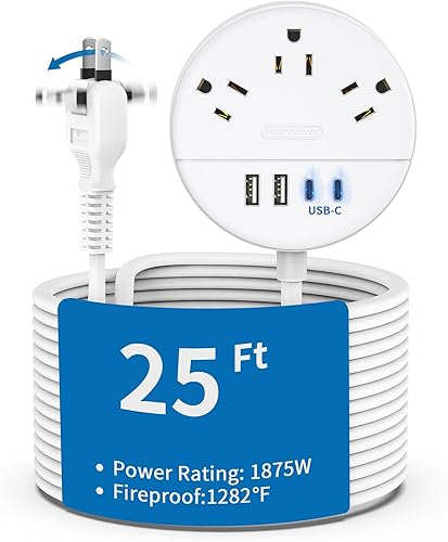 Miniatura 8 de NTONPOWER - Cable de extensión plano de 15 pies, regleta de alimentación de enchufe plano con 3 tomas, 4 puertos USB (2 USB C), cable de extensión