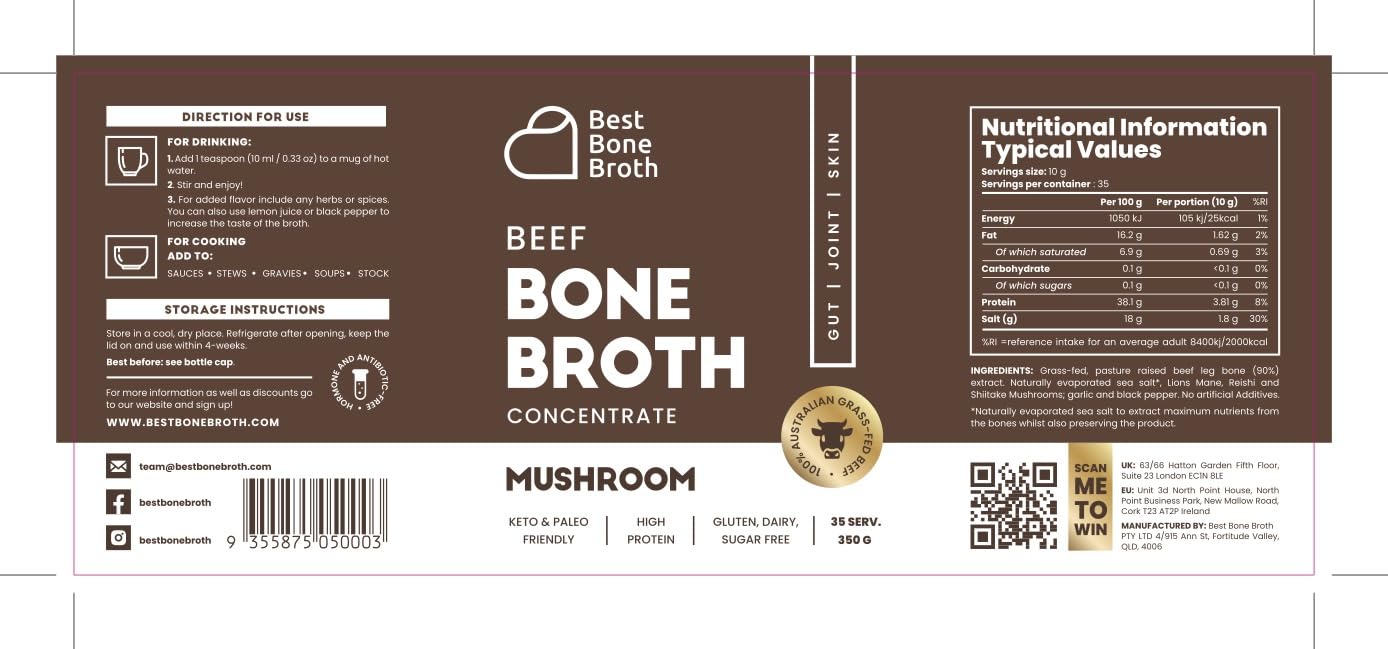 Concentré de bouillon d'os de bœuf nourri à l'herbe avec champignons | Keto, riche en protéines, sans gluten | 35 portions / 8,7 litres