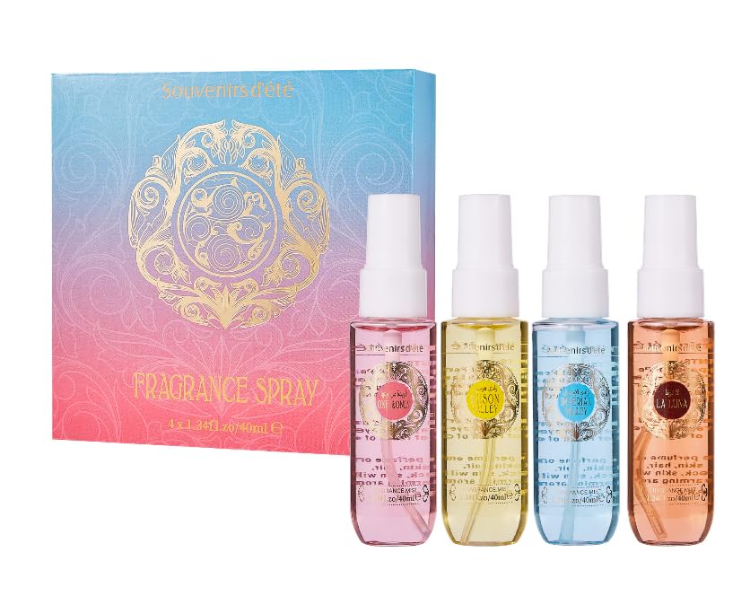 Fragrance Mist Gift Set, 4 Pack Mini Body Spray Perfume Set for Women (4 x 40ml / 1.34 fl.oz), Travel Size Souvenirs d'été Fragrance Spray Assortment, Ideal Perfume Gift for Her