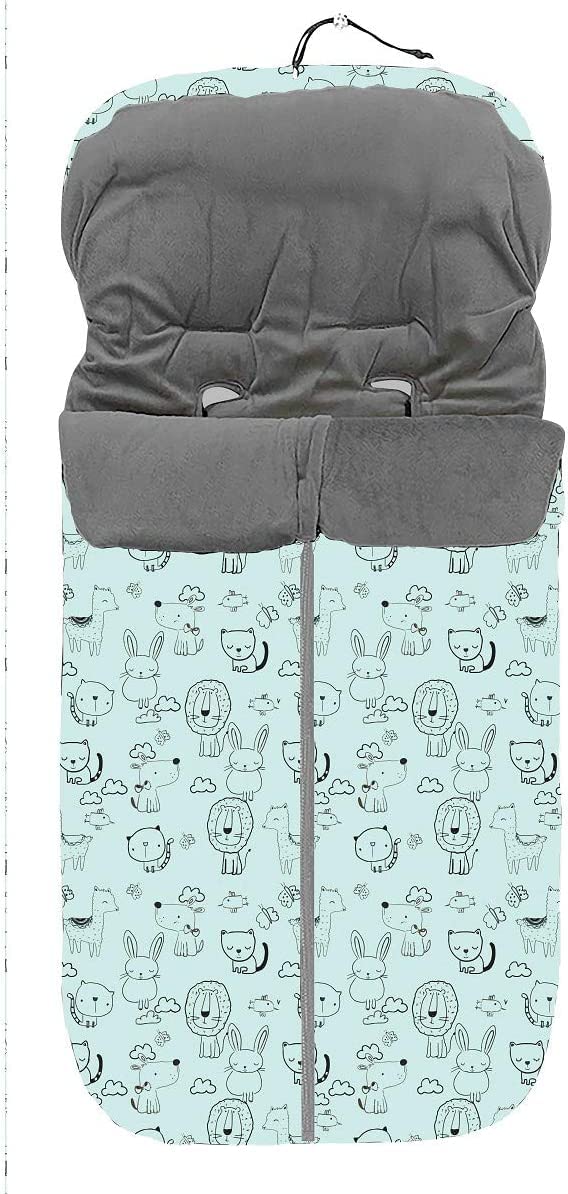 Saco Silla de Paseo Universal Saco Polar de Invierno, Desmontable con cremallera, Cabezal ajustable, transpirable e Impermeable Saco de Abrigo para bebé(Animales verde)